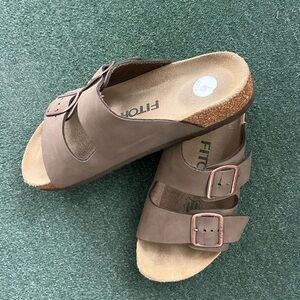 Fitory Women’s 9M Brown Slide Sandals with Buckles footbed leather shoes